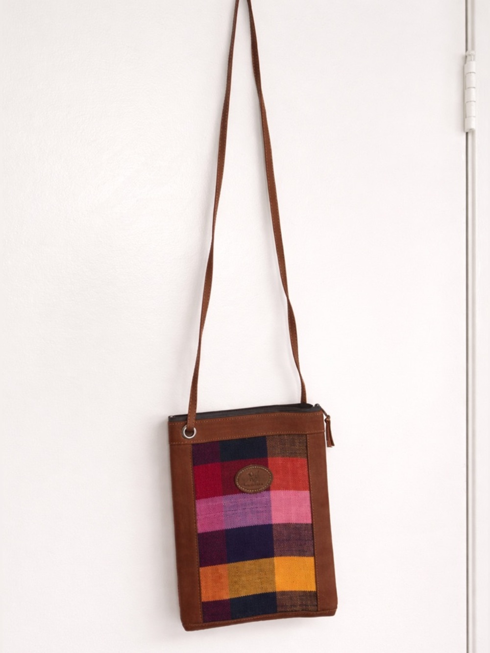 Brown Crossbody Bag with Multicolor Plaid Front